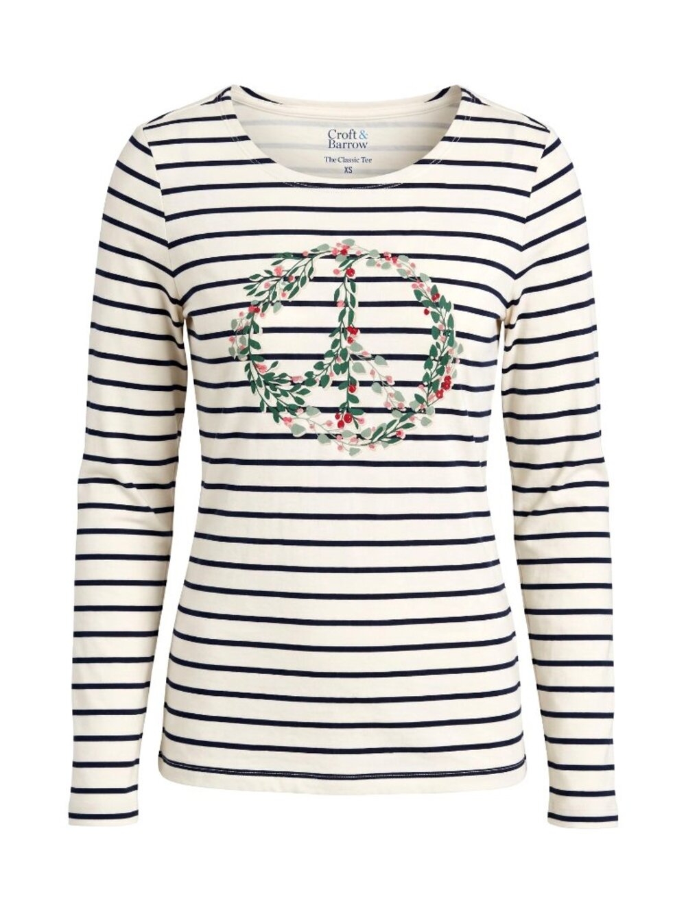 Croft & Barrow Womens XS Christmas Peace Wreath Striped Long Sleeve Tee NWT